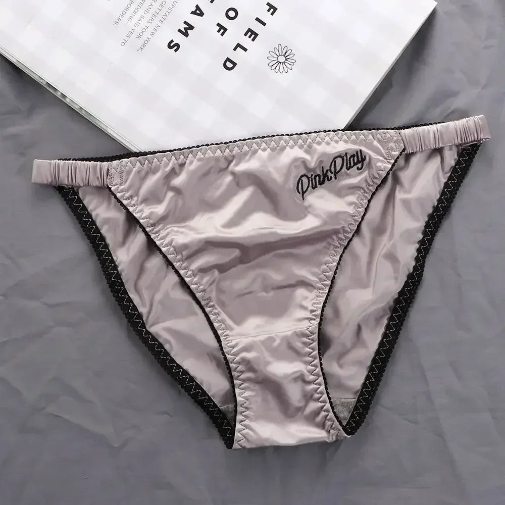 Sexy Girl Thongs Women Glossy Underwear Panty Low Waist Solid Color Satin Fabric Briefs Embroidery Fitness Sports Underpants