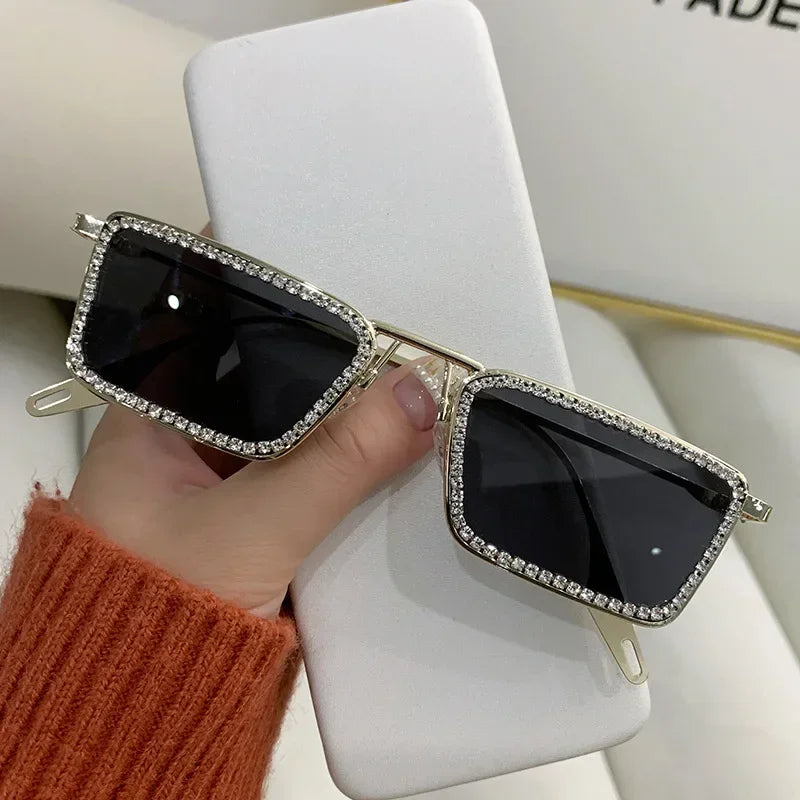 Women Glitter Crystal Thin Vintage Sunglasse Rectangle Glasse Frame Bling Rhinestone Sun Glasses for Woman Luxury Fashion UV400