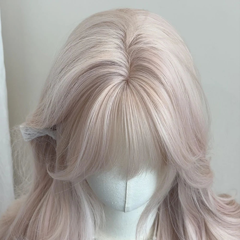 Women's Grey Pink Long Curly Synthetic Wig With Bangs Natural Long-Smooth Heat Resistant Wavy Wig For Cosplay Daily Wear