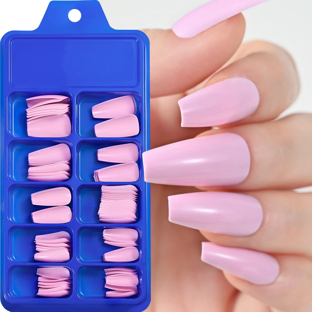 100pcs Coffin Design Fake Nails Art Tools Nude Pink Colors Ballerina False Nails Press On Full Fingernails Manicure Tips
