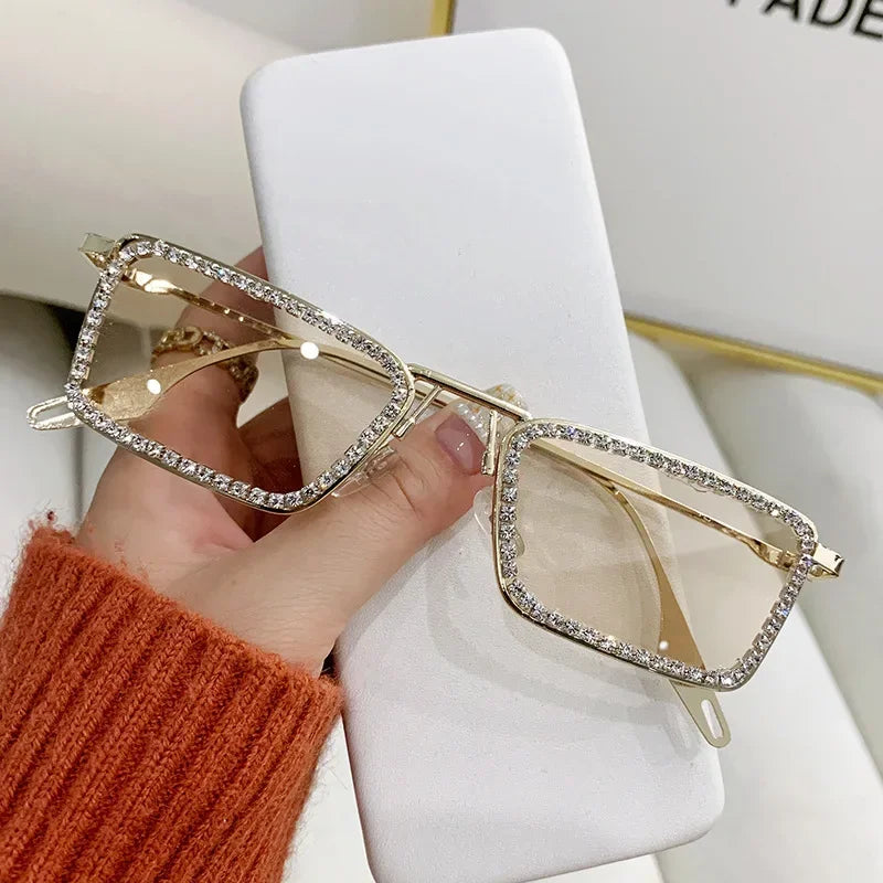 Women Glitter Crystal Thin Vintage Sunglasse Rectangle Glasse Frame Bling Rhinestone Sun Glasses for Woman Luxury Fashion UV400