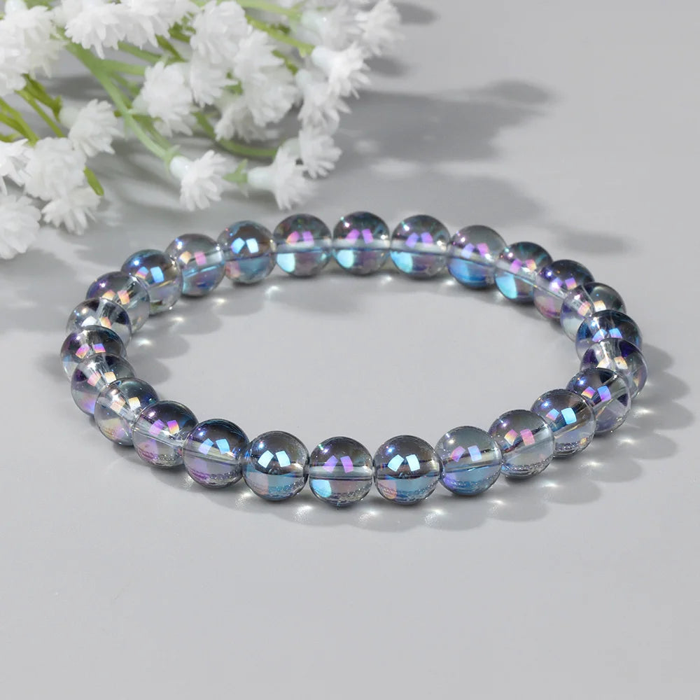 Moonstone Stone Beads Bracelet Natural Stone Crystals Bracelet Colorful Beaded Healing Trendy Jewelry Men Women Elastic Bangles