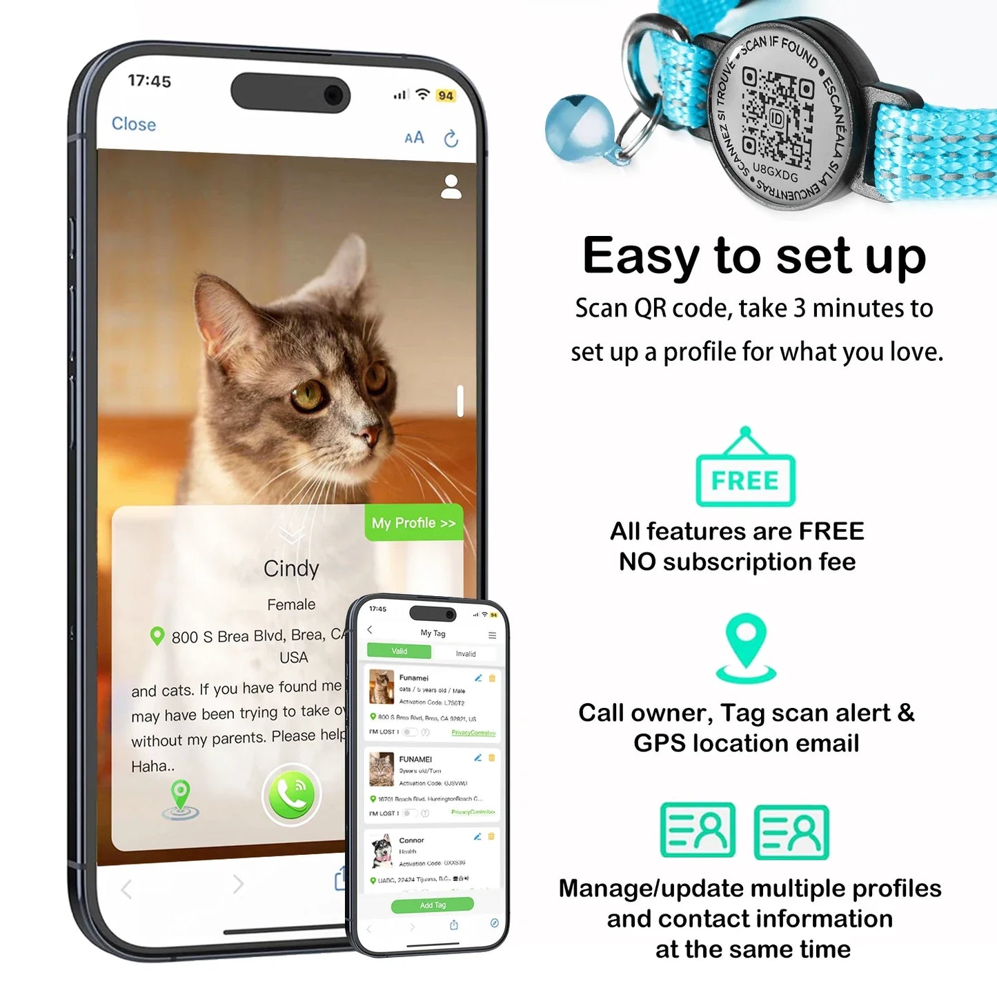 GPS Cat Collar with AirTag Holder & QR Name Tag for Tracker Cats, Anti-loss Reflective Kitten Collar Location Case for Air Tag