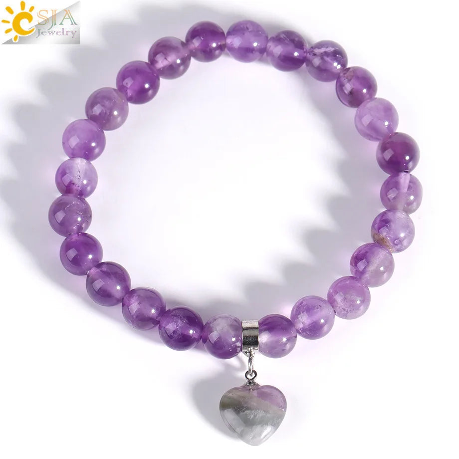 Natural Stone Beads Bracelet for Women Heart Charm Amethysts Crystal Quartzs Tiger Eye Elastic Bangles Reiki Jewelry Gift H543
