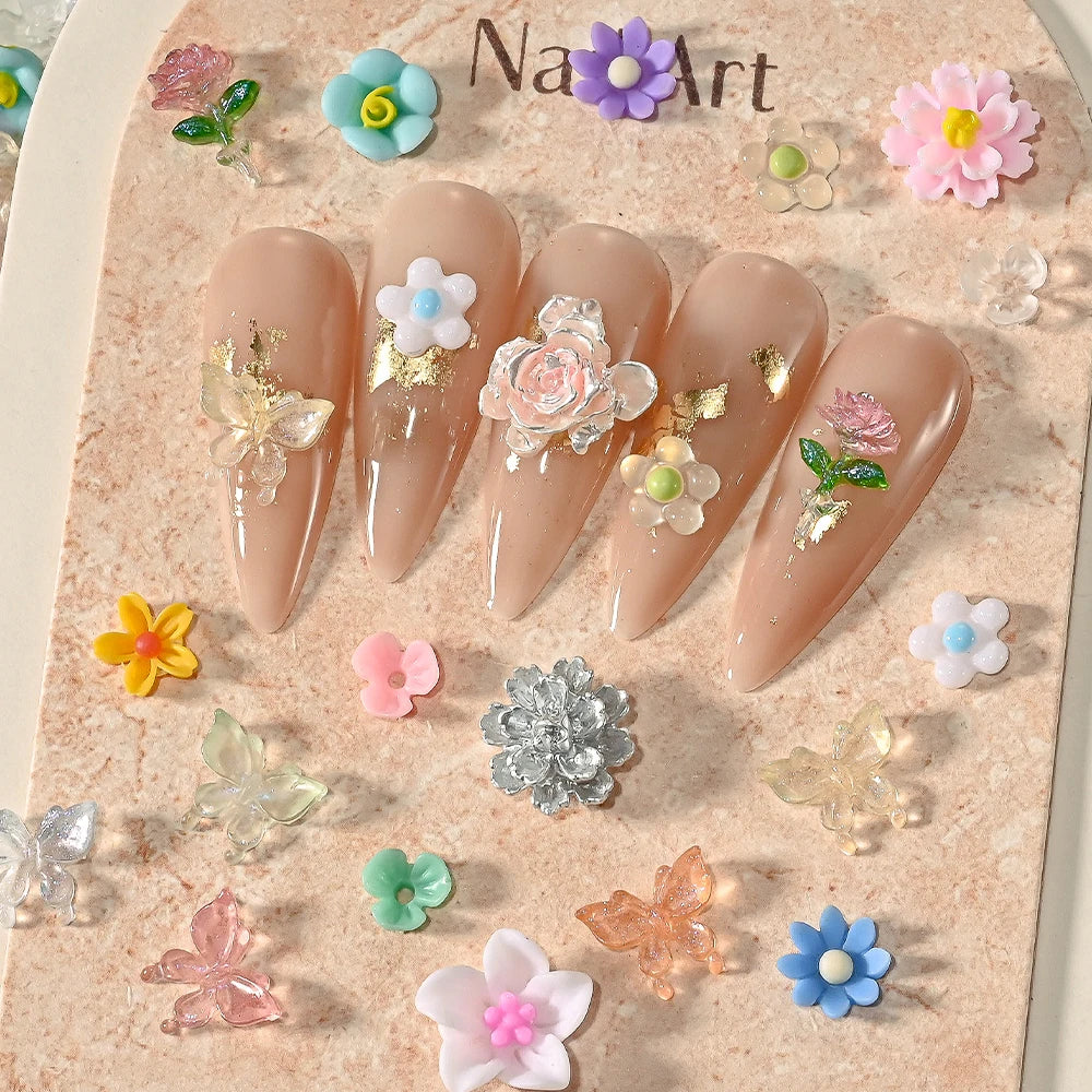 1 Bag Butterfly Flower Nail Charms 3D Mix Colorful Resin Nail Art Tips Nail Gems DIY Flatback Manicure Nail Art Decoration Parts