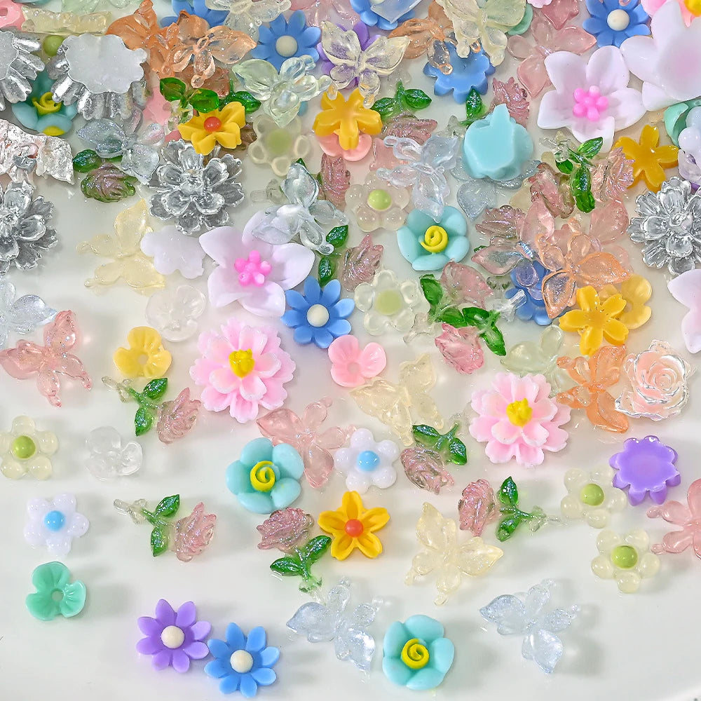 1 Bag Butterfly Flower Nail Charms 3D Mix Colorful Resin Nail Art Tips Nail Gems DIY Flatback Manicure Nail Art Decoration Parts