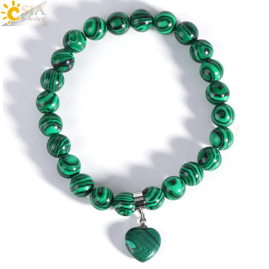 Natural Stone Beads Bracelet for Women Heart Charm Amethysts Crystal Quartzs Tiger Eye Elastic Bangles Reiki Jewelry Gift H543