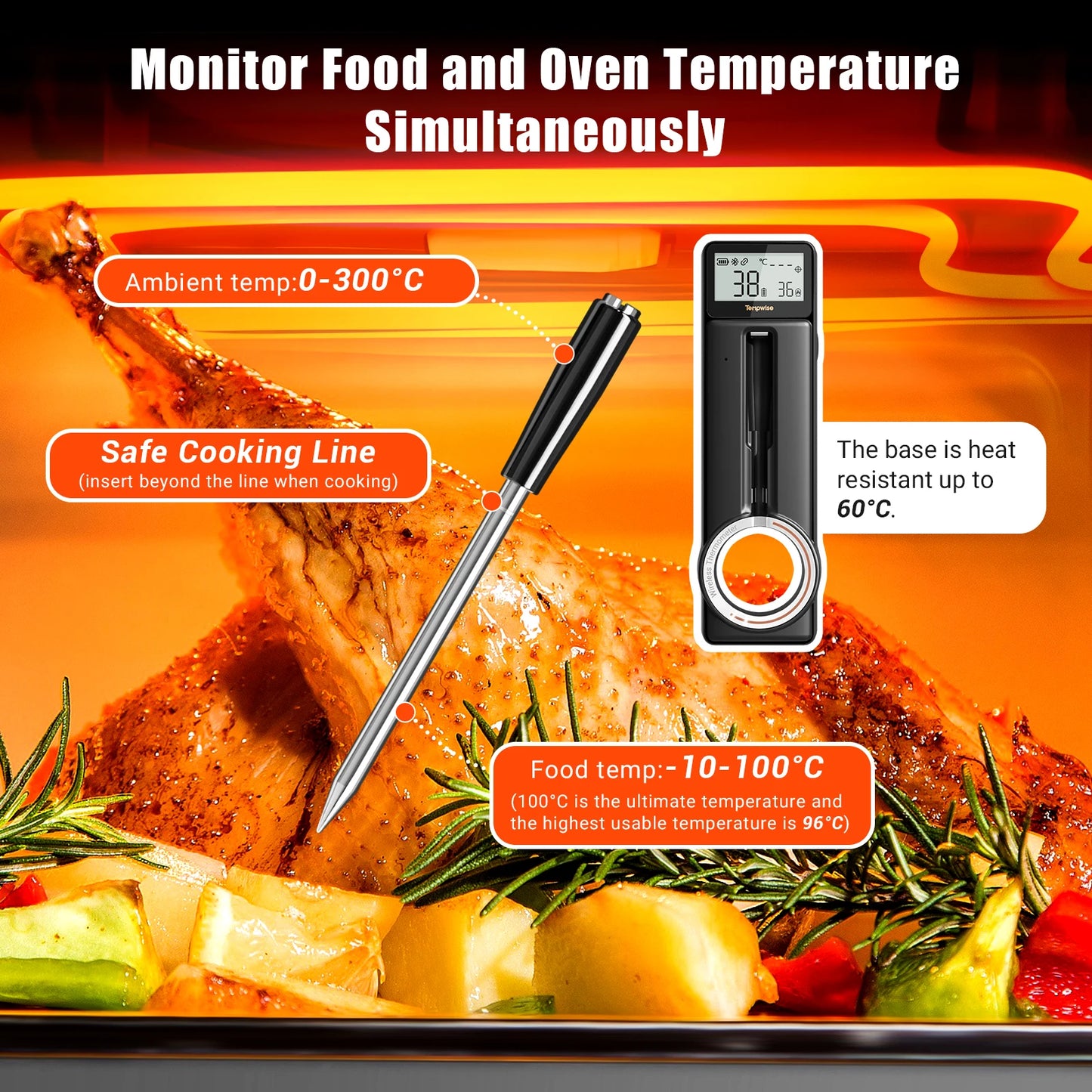 Meat thermometer wireless Bluetooth IP67 ultra thin probe with LCD display temperature alarms for cooking grilling roasting