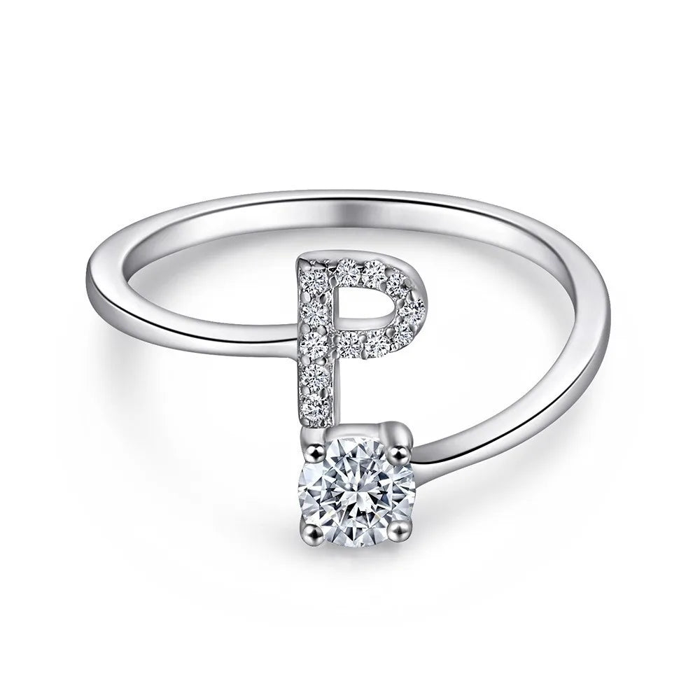 925 Sterling Silver Initial Rings for Women Girls, Adjustable Initial Rings Cubic Zirconia Stackable Alphabet Letter Rings Gift