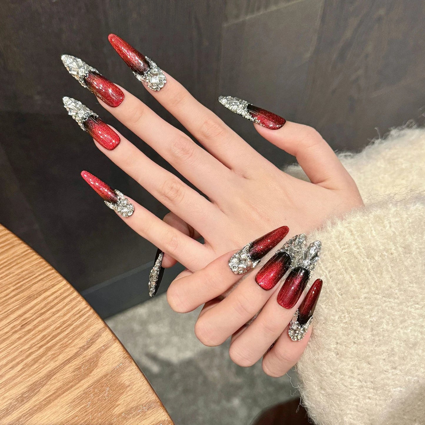 Handmade Long Almond False Nails Red Glitter Designs Wearable Cat's Eye Full Diamond French Nail Tips Heavy Industry Nail Art
