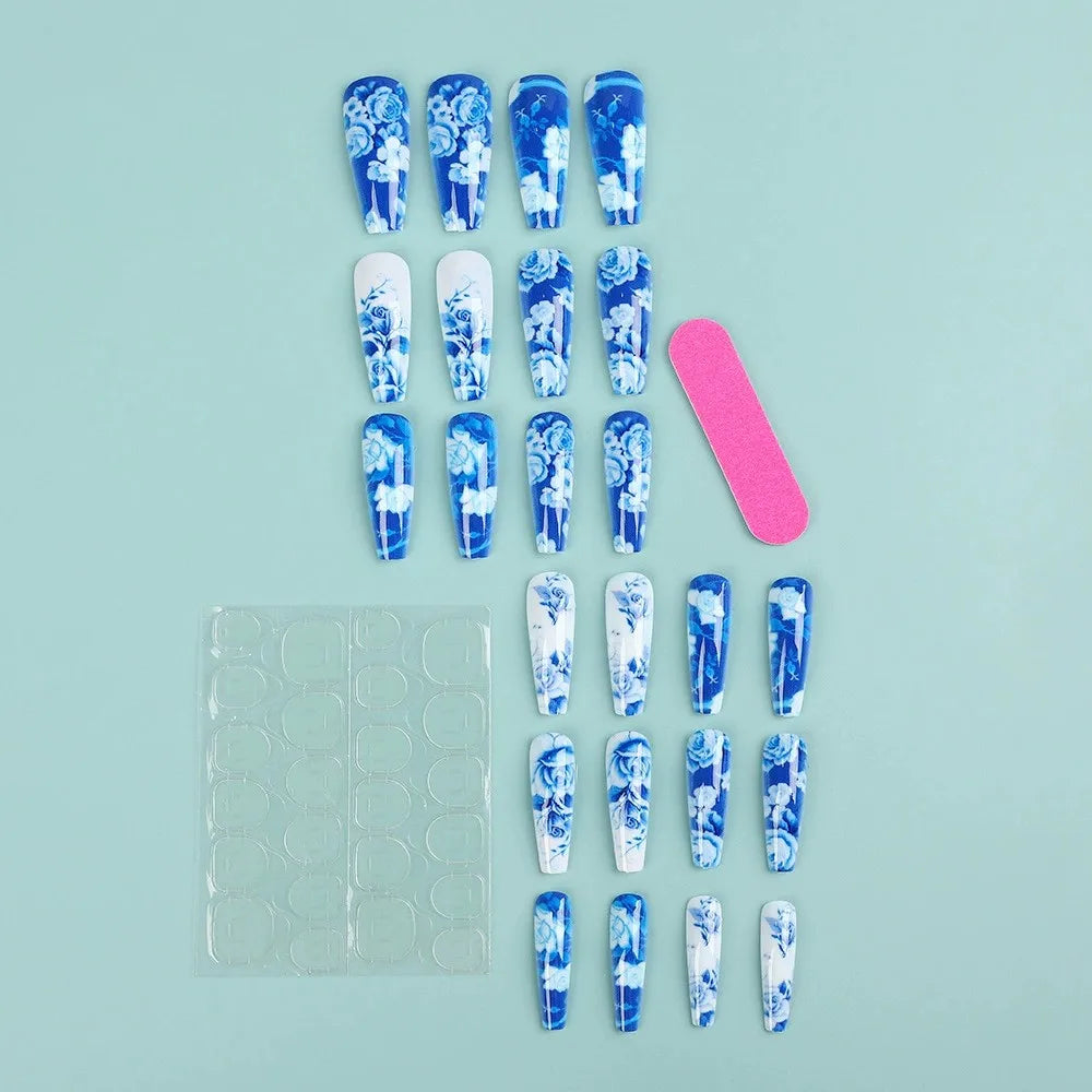 24pcs Blue and White Porcelain False Nails with Designs Long Press On Nails Blue French Fake Nails Fashion Ballet Tip Wearable