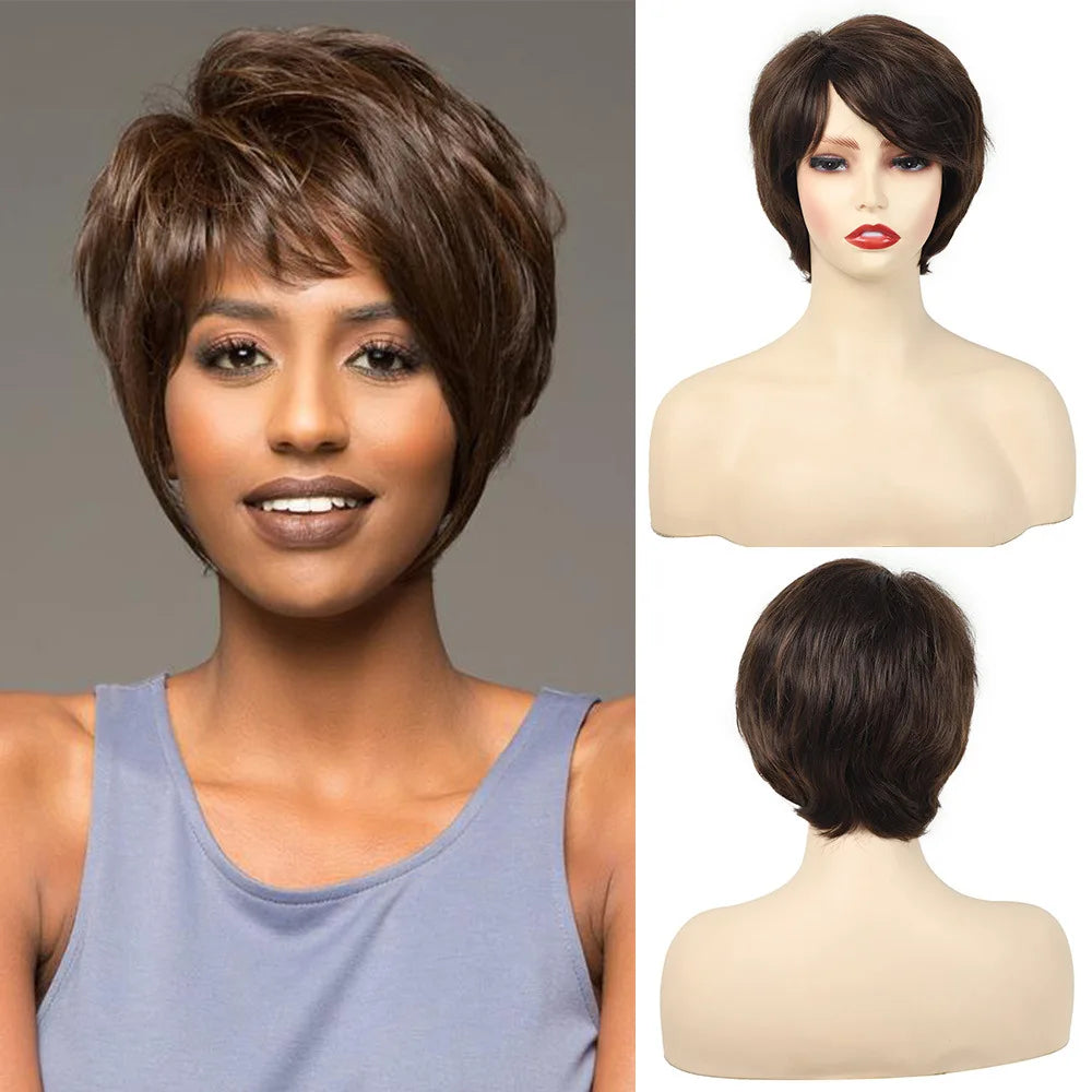 Natural Wavy Synthetic Hair Wigs For Women Pixie Cut Short Wig with Bangs Brown Blonde Wig Female Heat Resistant Wig Woman