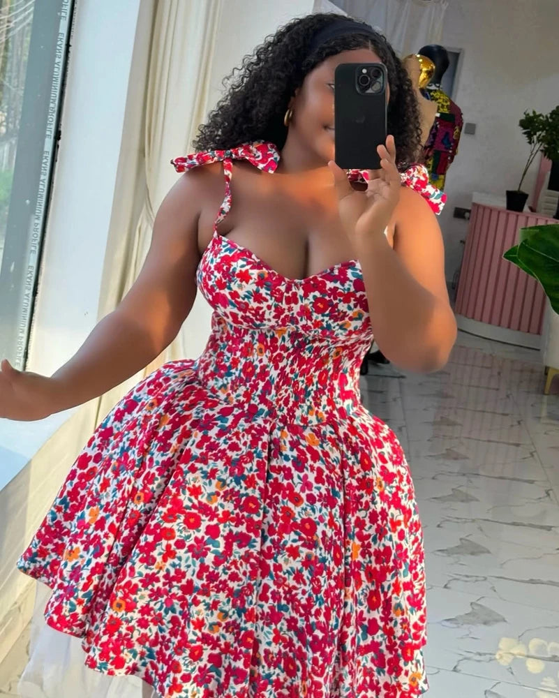 Casual Dresses for Woman Clothing 2025 Summer Elegant Luxury Floral Print Sexy V Neck Birthday Party Pleated A-Line Mini Dress