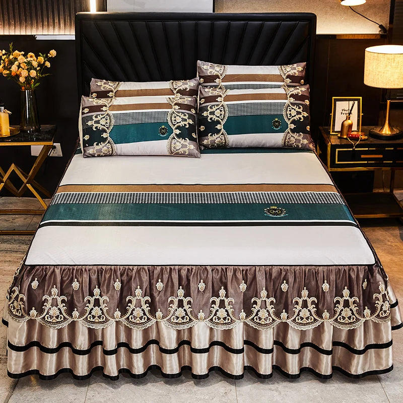 Luxury Lace Smooth Cool Summer Bedspread Thick Home Bed Skirt + Pillowcase Bed Sheets Embroidery European-style Bed Spreads