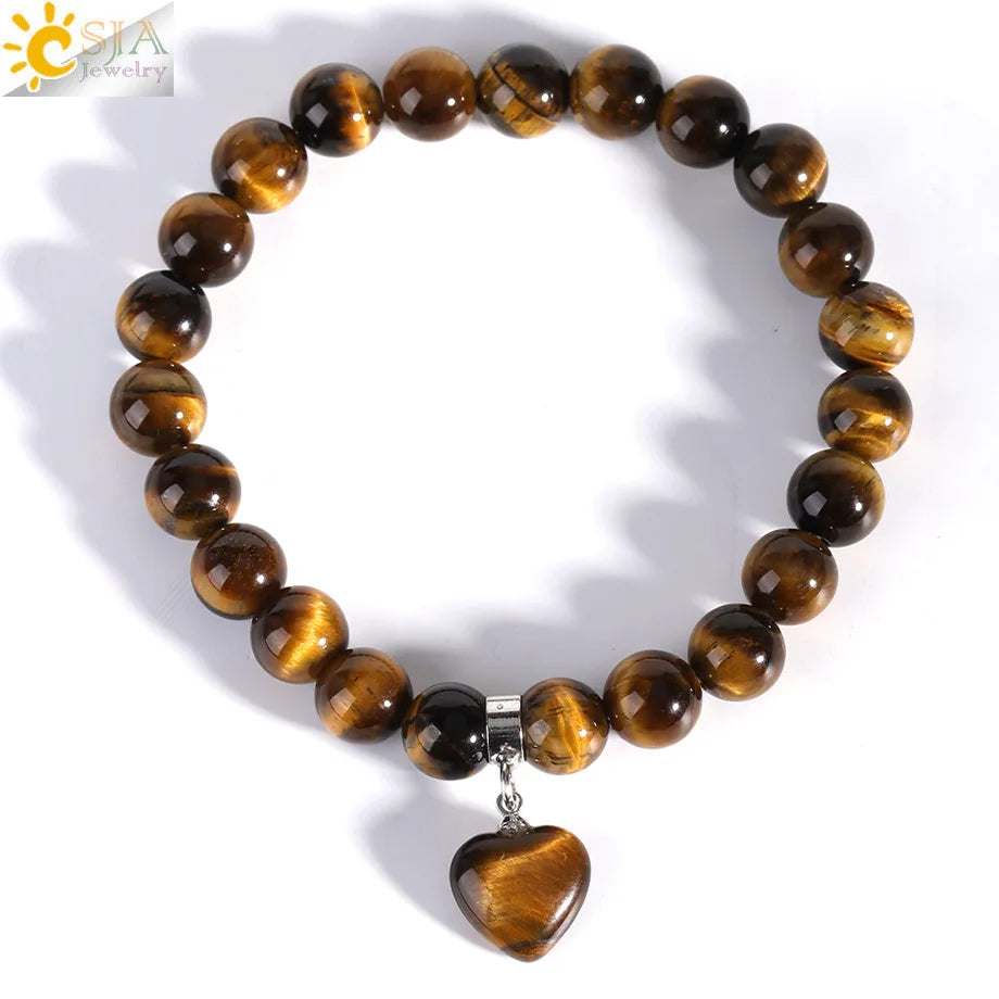 Natural Stone Beads Bracelet for Women Heart Charm Amethysts Crystal Quartzs Tiger Eye Elastic Bangles Reiki Jewelry Gift H543