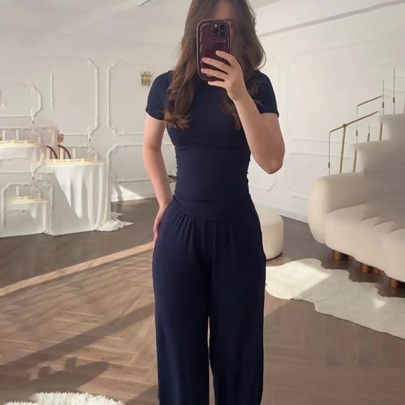 Casual Long Pants Suits Women O-neck Short Sleeve T-shirt Elastic Waist Trousers Set Spring Summer Solid Lady Household Clothes