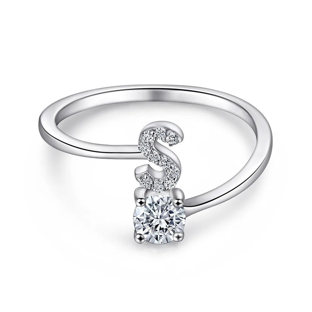 925 Sterling Silver Initial Rings for Women Girls, Adjustable Initial Rings Cubic Zirconia Stackable Alphabet Letter Rings Gift