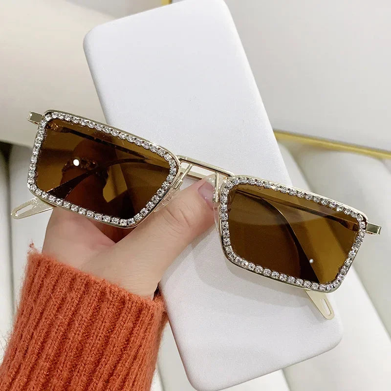 Women Glitter Crystal Thin Vintage Sunglasse Rectangle Glasse Frame Bling Rhinestone Sun Glasses for Woman Luxury Fashion UV400
