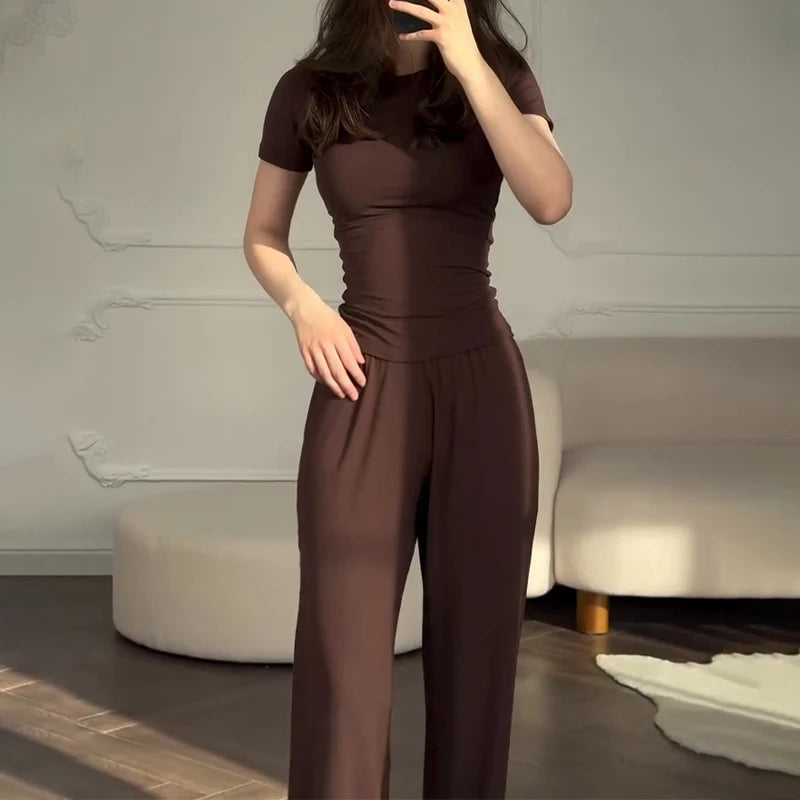 Casual Long Pants Suits Women O-neck Short Sleeve T-shirt Elastic Waist Trousers Set Spring Summer Solid Lady Household Clothes