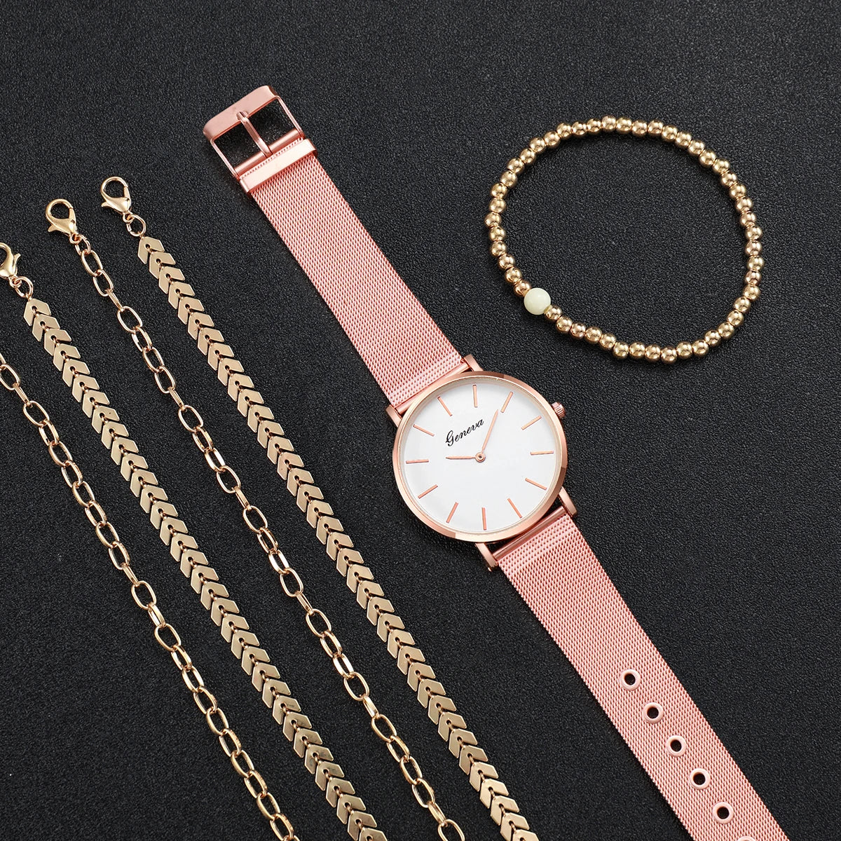 Women's Quartz Watch with Simple Scale Dial, Mesh Band, Bracelets Set, Female Fashion, Without Case, 6 Pieces Per Set