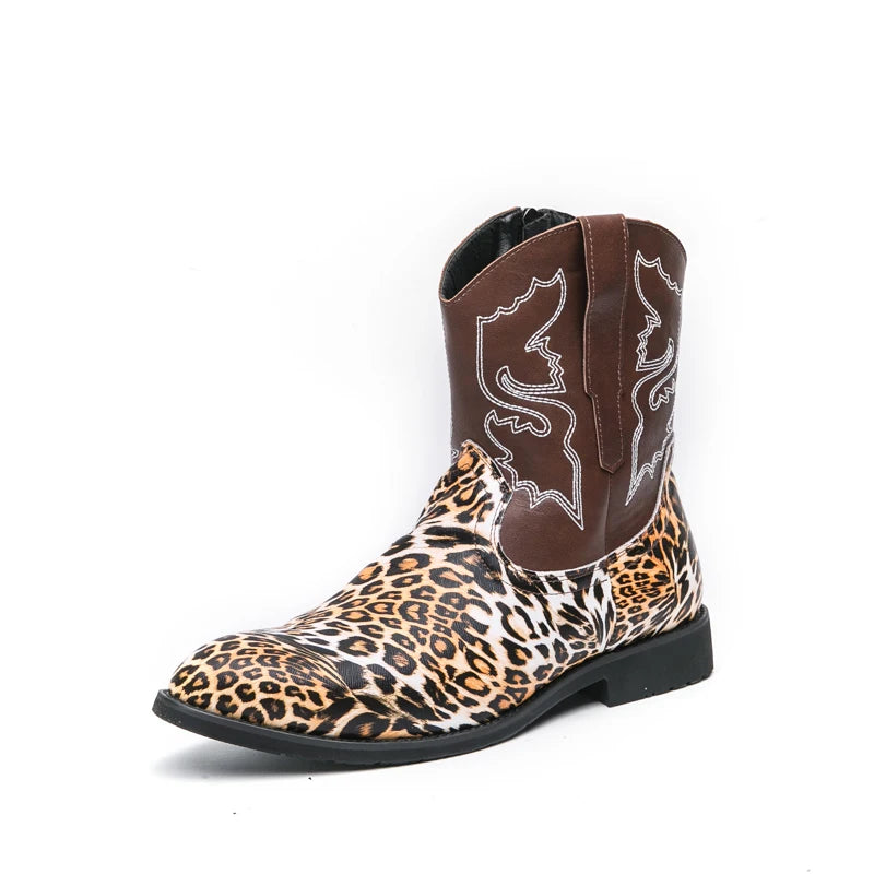 Western Cowboy Boots Men's 2025 New Autum Retro Embroider Versatile Mid-Calf Boots Outdoor Desert Zipper Short Boots