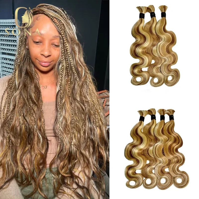 Highlight Honey Blonde Body Wave Hair Knotless Bundles No Weft for Boho Braids Human Hair Extension Bundles for Boho Braiding