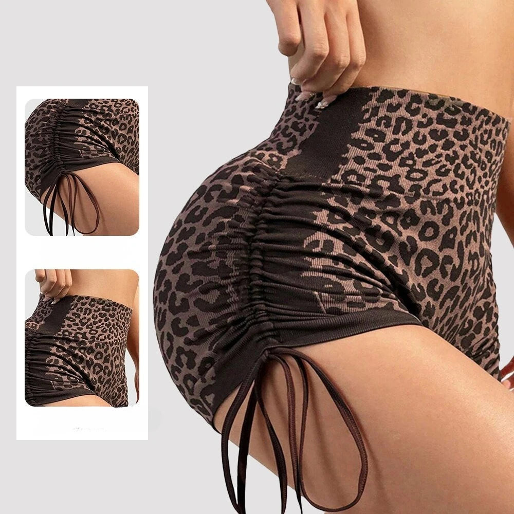 Women High Waist Yoga Shorts Side Drawstring Sexy Leopard Print Sports Shorts Gym Athletic Running Leggings Workout Shorts