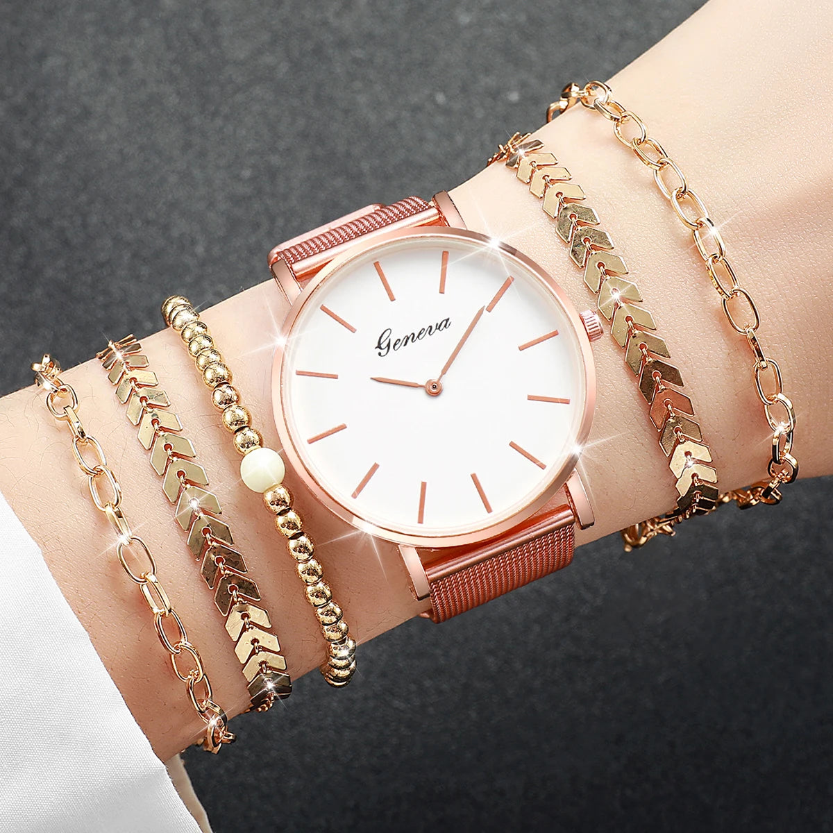 Women's Quartz Watch with Simple Scale Dial, Mesh Band, Bracelets Set, Female Fashion, Without Case, 6 Pieces Per Set