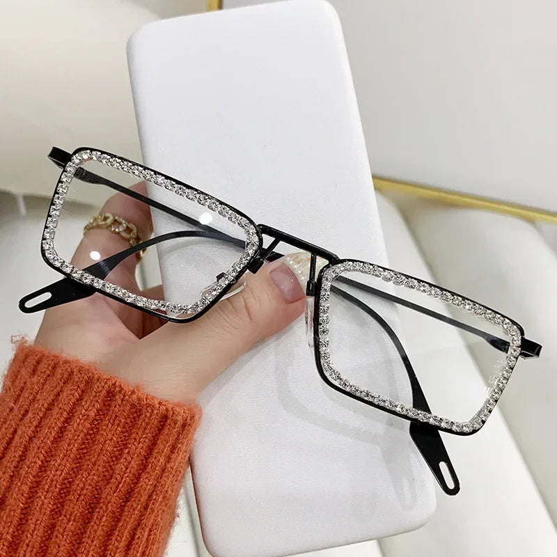 Women Glitter Crystal Thin Vintage Sunglasse Rectangle Glasse Frame Bling Rhinestone Sun Glasses for Woman Luxury Fashion UV400