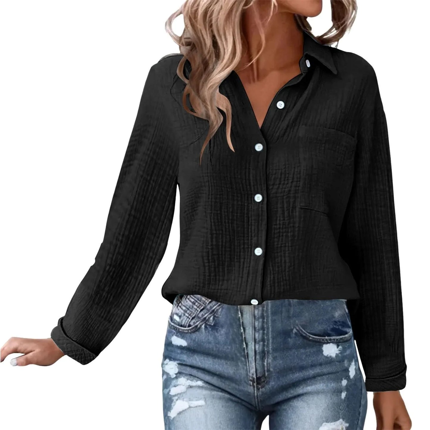 Casual Fashion Shirts For Women Autumn Long Sleeve Lapel Button Solid Color Shirt Top Casual Loose Women's Blouse