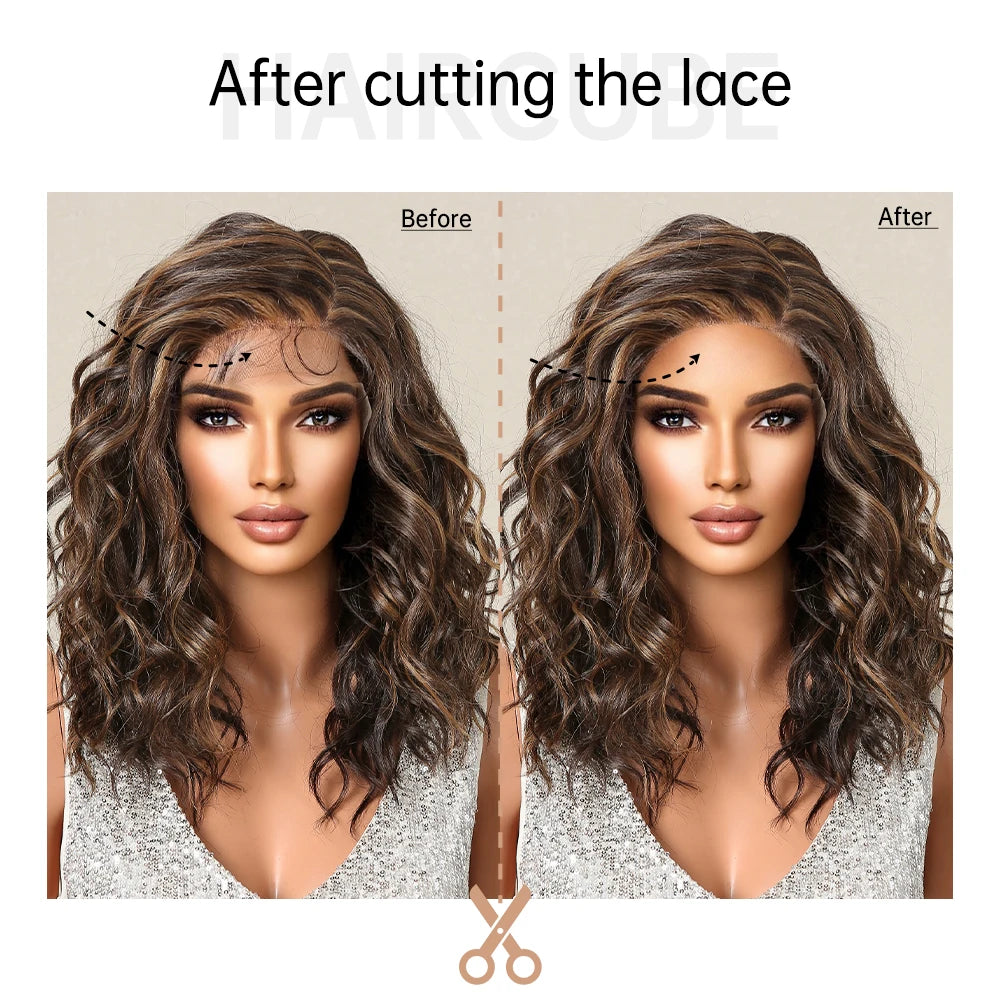 Lace Front Synthetic Wigs Preplucked Curly Wave Brown Golden Highlight Shoulder Length Lace Wig for Black Women Heat Resistant
