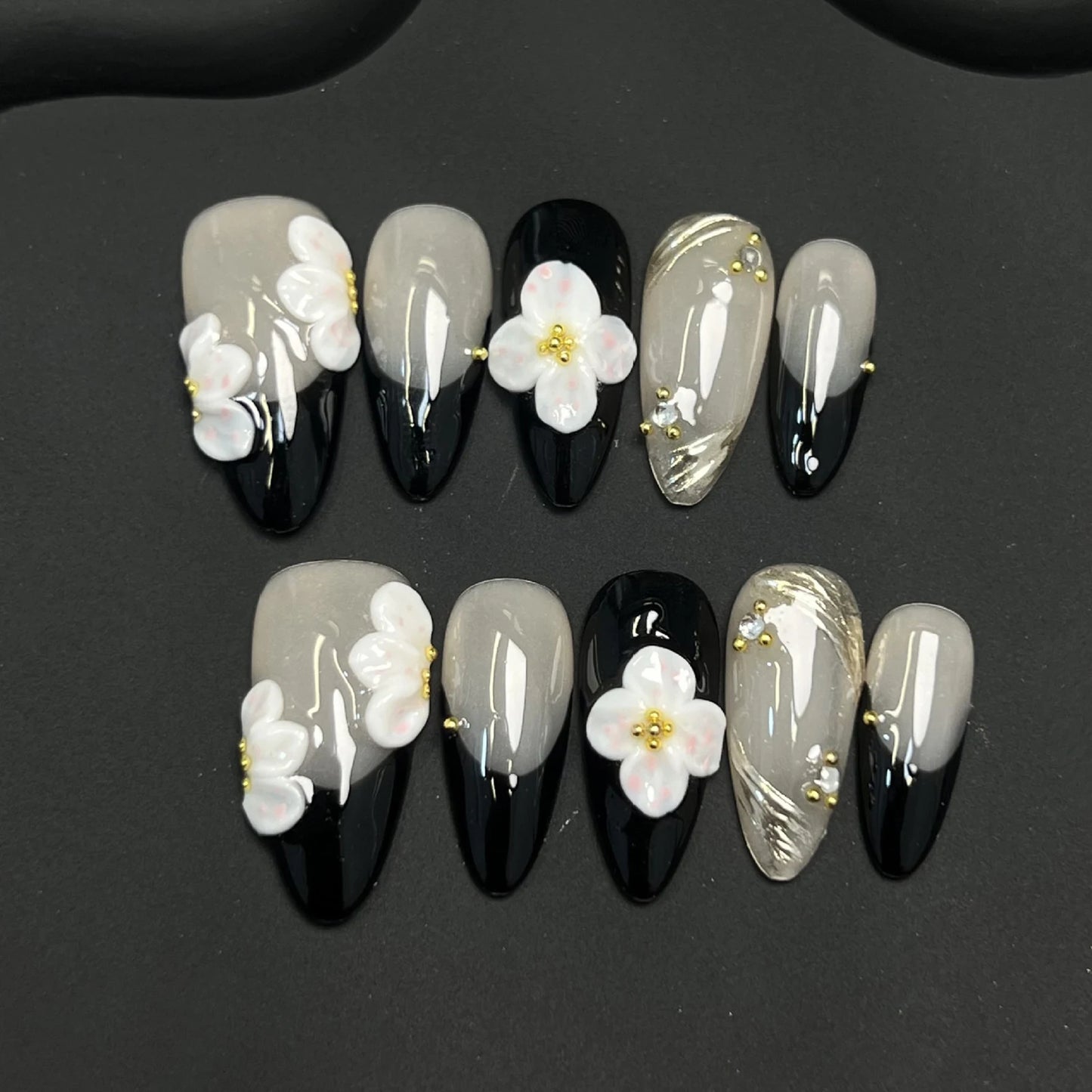 10Pcs Handmade Press On Nails Simple DIY Manicure Almond Black French Tips Fake Nails 3D White Flower Designs False Nails Art