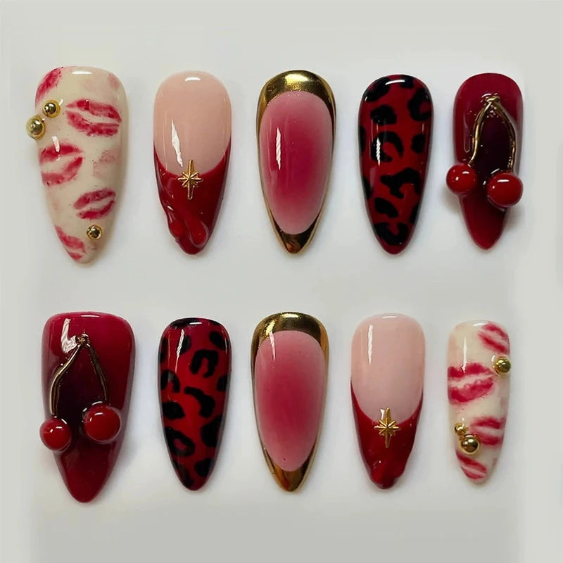 False Nails 3D Design Press on Nails Full Cover Red Heart Pearl Diamond Decoration Dark Style French Almond Wearable Nail Tips