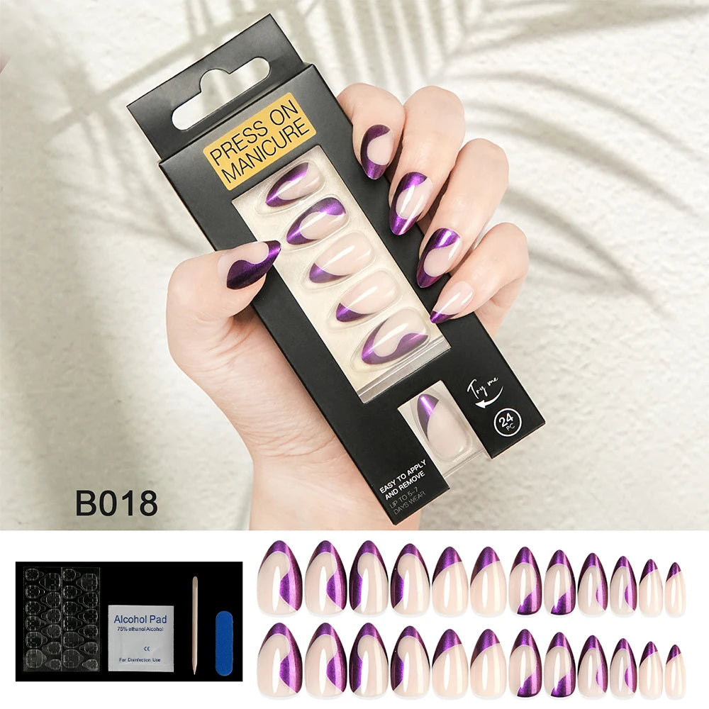 Press on Nails Almond French Design False Nails Simple Design Acrylic Nail Tips Reusable Fake Nails Decorated Nail Art