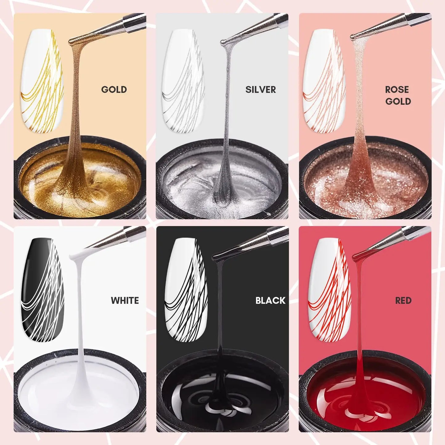 Makartt 6 Colors Spider Gel Polish for Elastic Nail Art Paint Drawing Spider Gel for Line White Black Red Rose Gold Silver