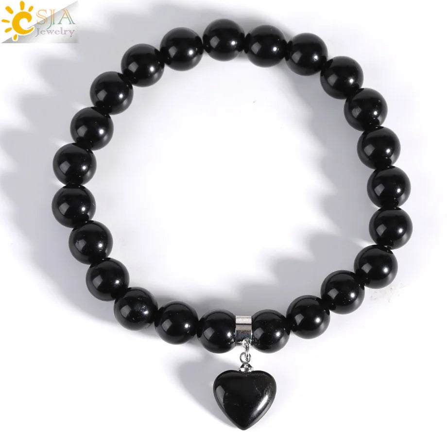 Natural Stone Beads Bracelet for Women Heart Charm Amethysts Crystal Quartzs Tiger Eye Elastic Bangles Reiki Jewelry Gift H543