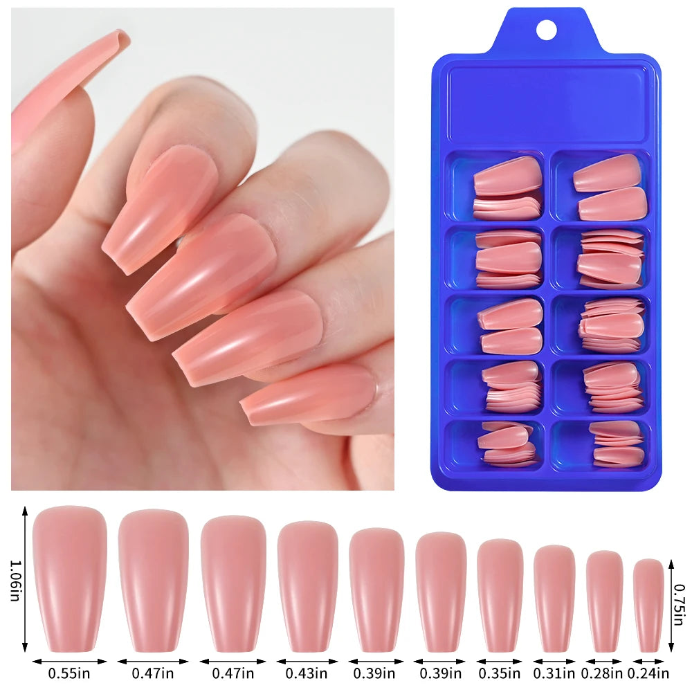 100pcs Coffin Design Fake Nails Art Tools Nude Pink Colors Ballerina False Nails Press On Full Fingernails Manicure Tips