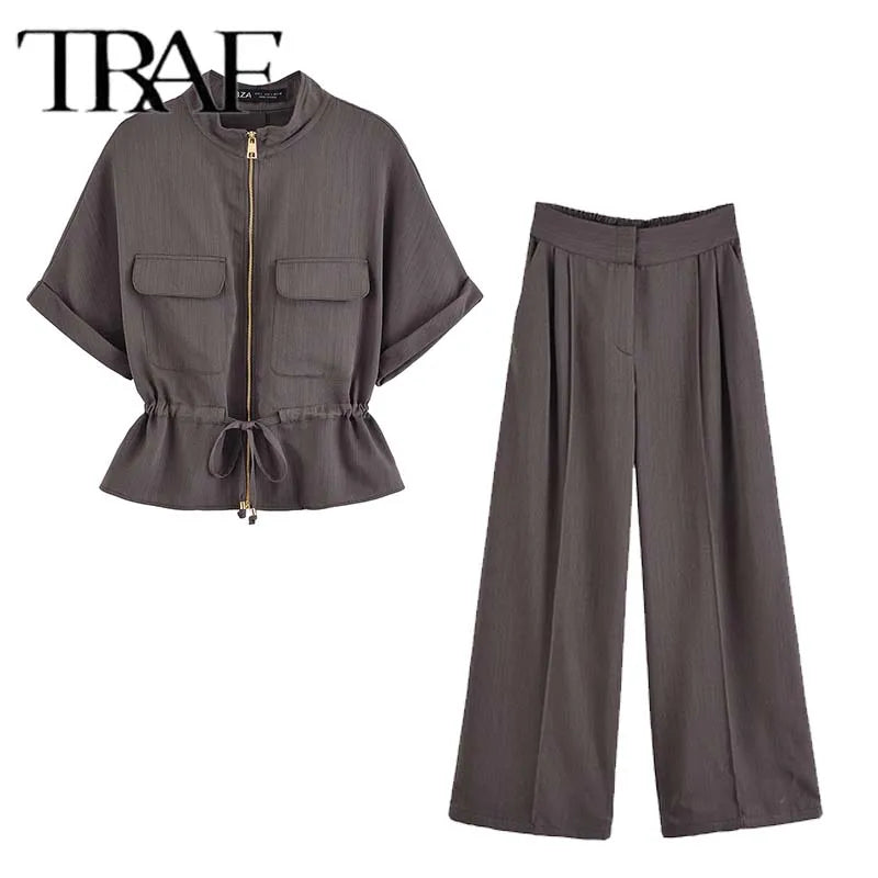 Casual Pants 2 Pieces Sets For Women Short Sleeve Coat High Waist Trousers Women's Suit 2025 Two Pieces Loose Woman Outfits
