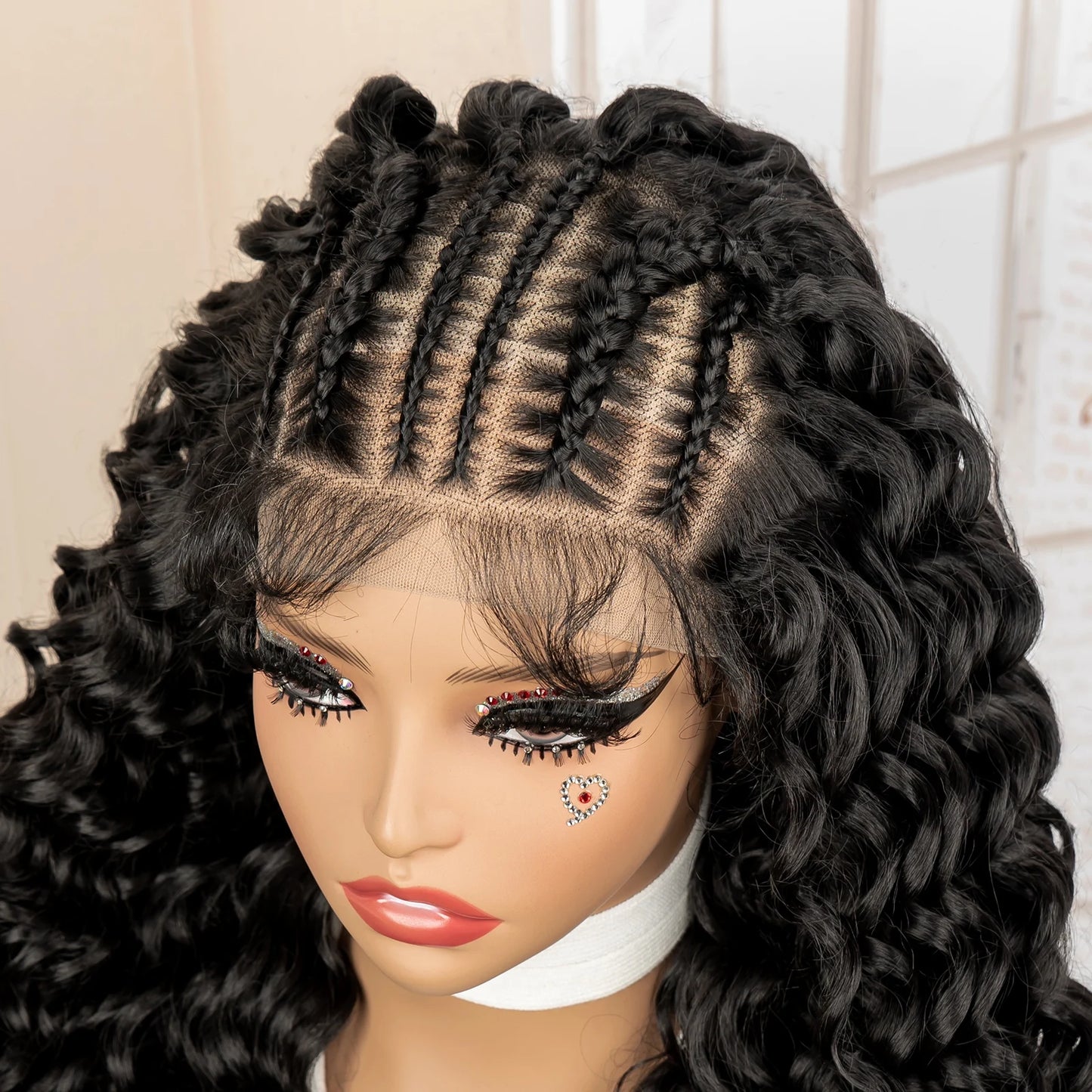 13x6 Lace Front Wigs Black Synthetic Hair Wig with Braids for Women 24 Inches Long Curly Wavy Wig Heat Resistant Wig for Daily