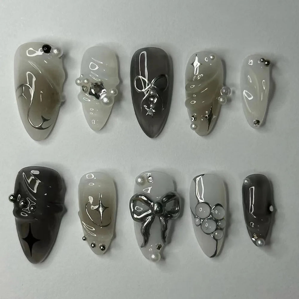 False Nails 3D Design Press on Nails Full Cover Red Heart Pearl Diamond Decoration Dark Style French Almond Wearable Nail Tips