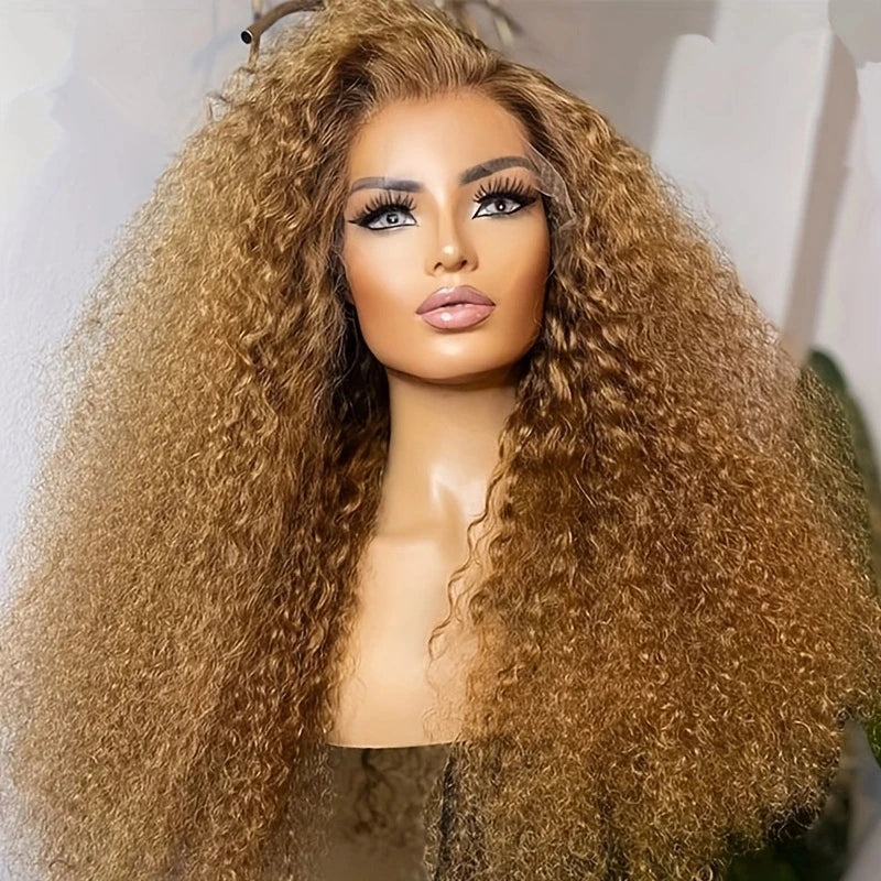 26Inch Long 180 Density Soft Honey Blonde Kinky Curly Lace Front Wigs For Women With Baby Hair Synthetic Fiber Deep Part Daily