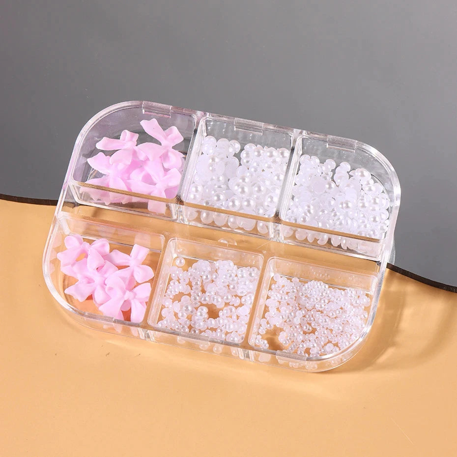 1 Box Kawaii Mini Bow 3D Cute Nail Art Decorations White Pearls Nails Charms Designs DIY Pink Bowknot Resin Nail Accessories