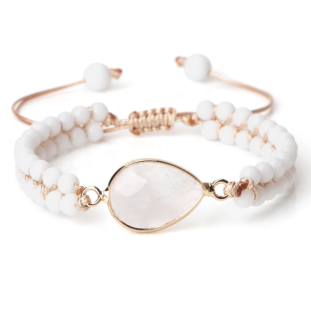 4mm Beads Natural Stone Bracelets&Bangles White Porcelain Braided Elastic Rope Handmade Adjustable For Woman Man Couple Jewelry