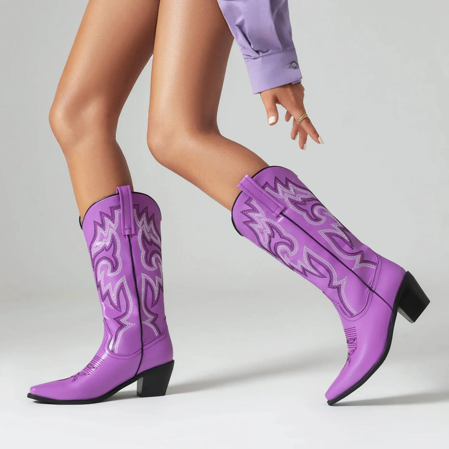 Cowgirl Boots Women Embroidery Knee High mid Calf Cowboy Boots Slip On Pointed Toe Candy Color Fashion Shoes Winter Western