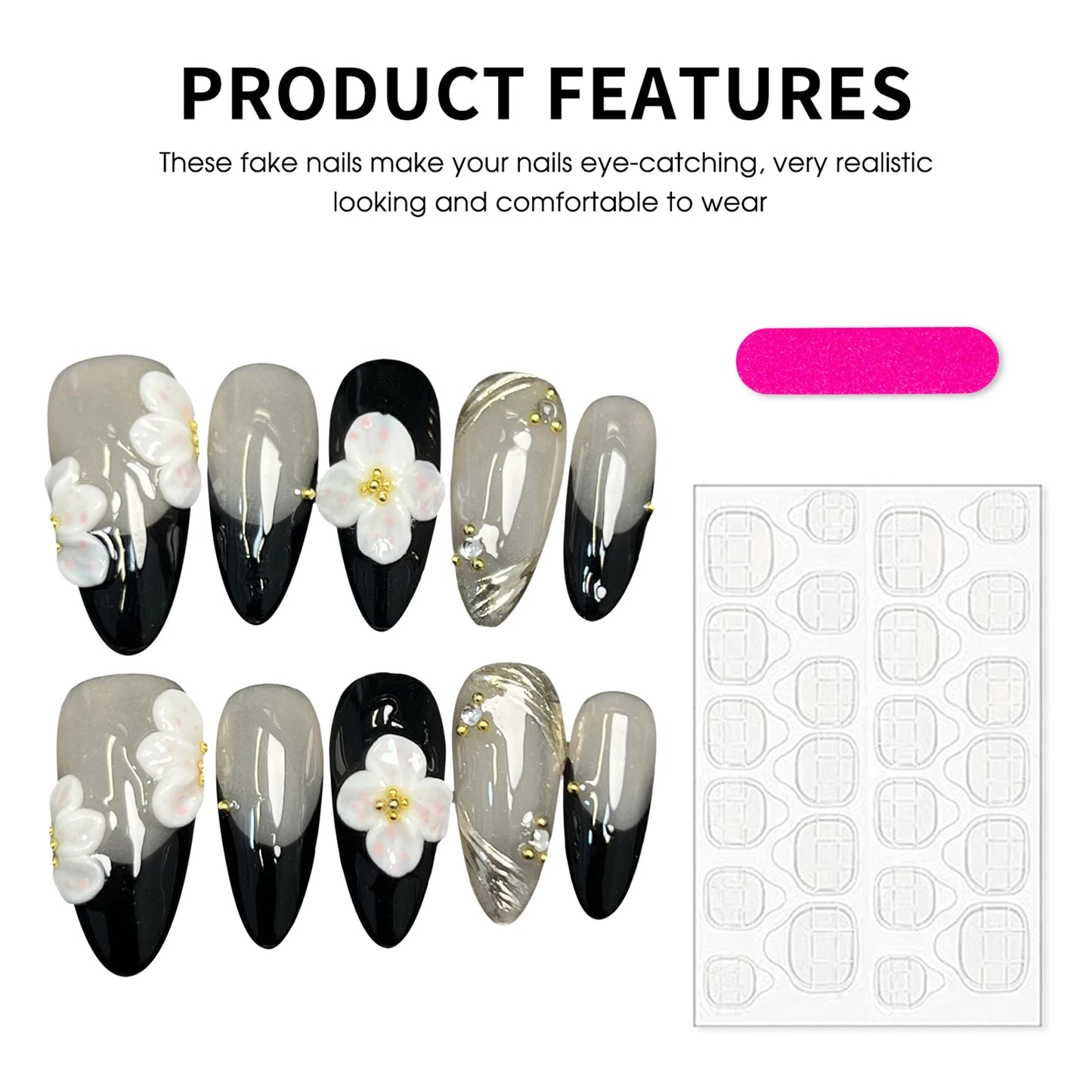10Pcs Handmade Press On Nails Simple DIY Manicure Almond Black French Tips Fake Nails 3D White Flower Designs False Nails Art
