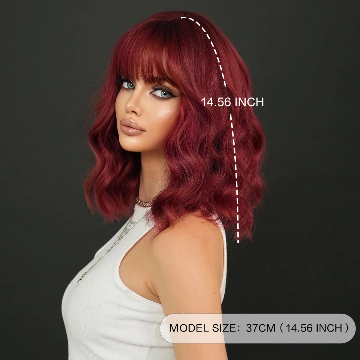 Shoulder Length Body Wavy Wine Red Wig for Women Daily High Density Synthetic Modest Fashion Wigs with Neat Bangs Heat Resistant