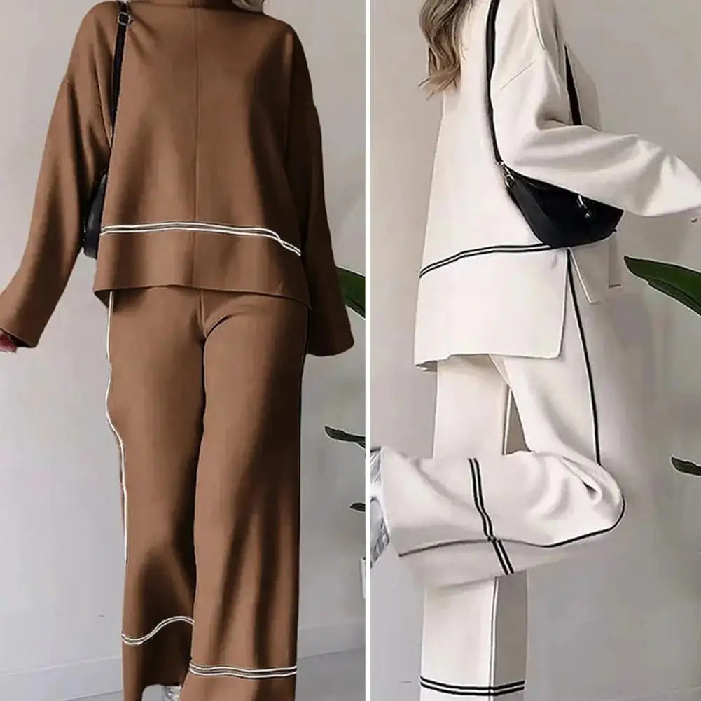 Casual Women Set Spring Summer Fashion Long Sleeve O-Neck Loose Suit Female Vintage Pocket Top Long Wide Leg Pants 2 Pcs Outfit