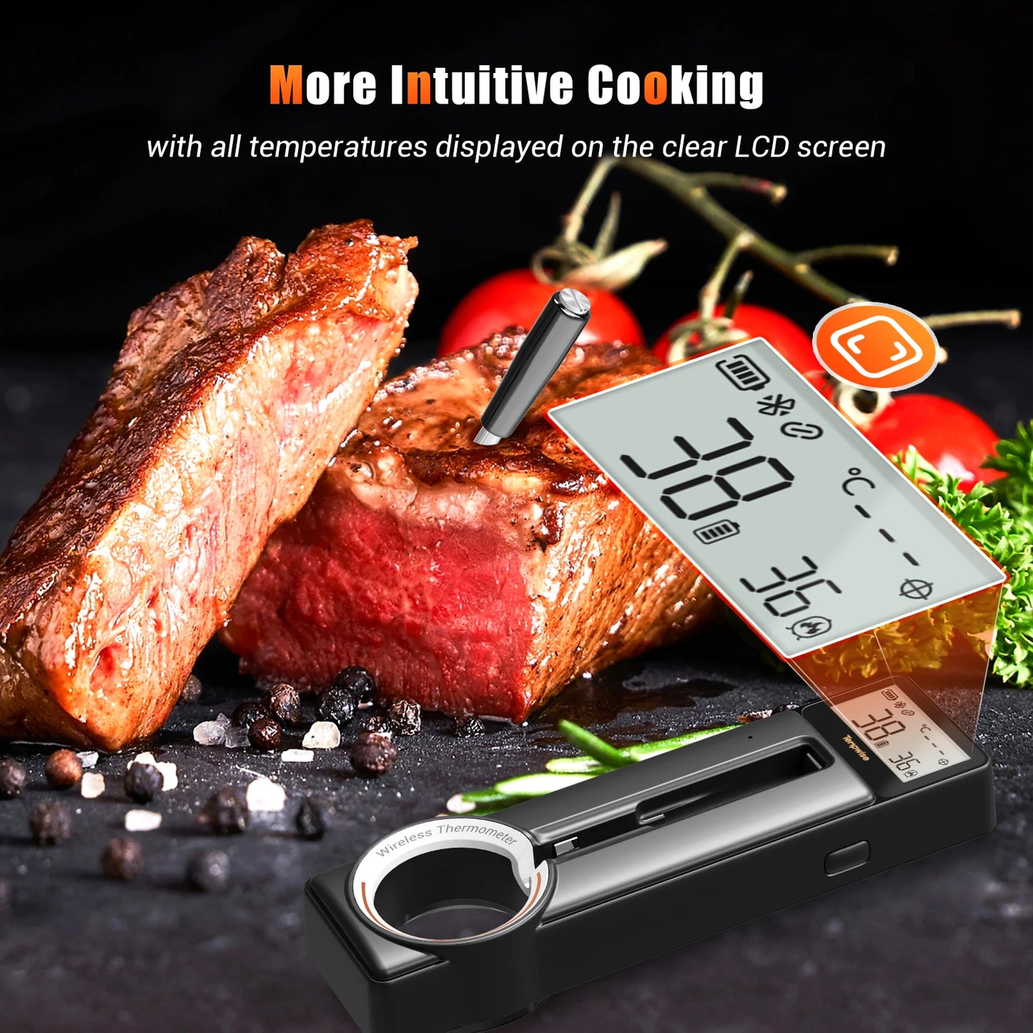 Meat thermometer wireless Bluetooth IP67 ultra thin probe with LCD display temperature alarms for cooking grilling roasting