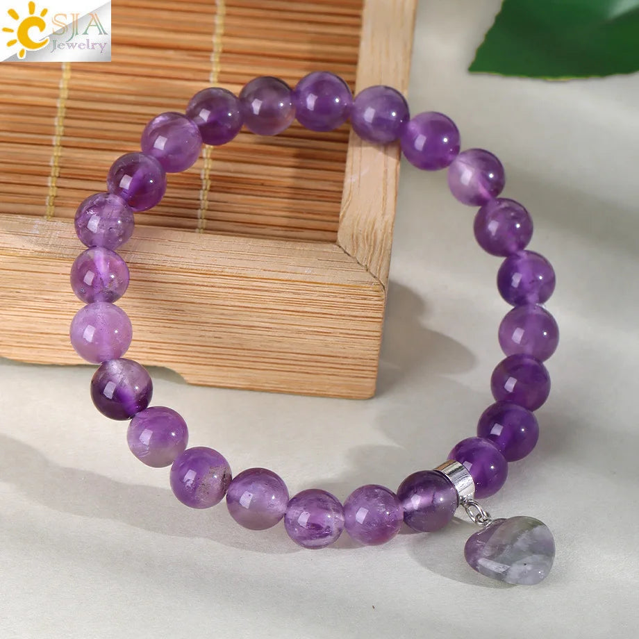 Natural Stone Beads Bracelet for Women Heart Charm Amethysts Crystal Quartzs Tiger Eye Elastic Bangles Reiki Jewelry Gift H543