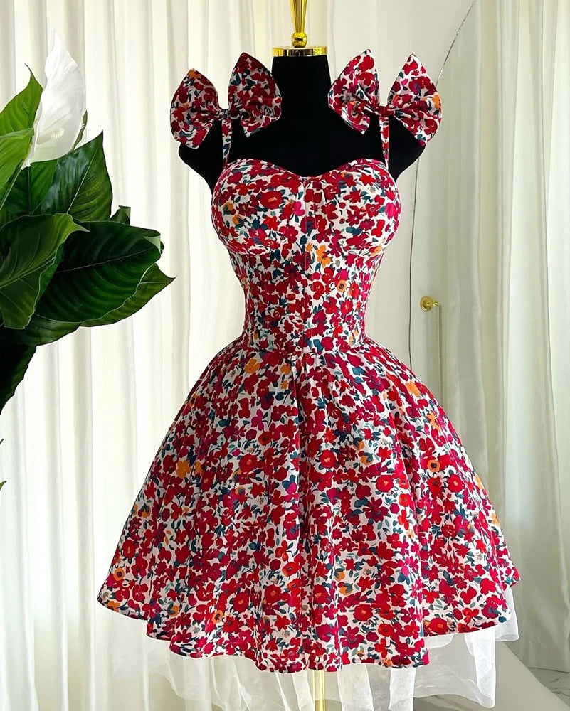 Casual Dresses for Woman Clothing 2025 Summer Elegant Luxury Floral Print Sexy V Neck Birthday Party Pleated A-Line Mini Dress